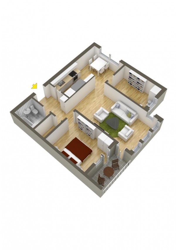 This layout puts the two bedrooms on opposite sides of the house but with only one bathroom, that's not so convenient for one of the occupants.