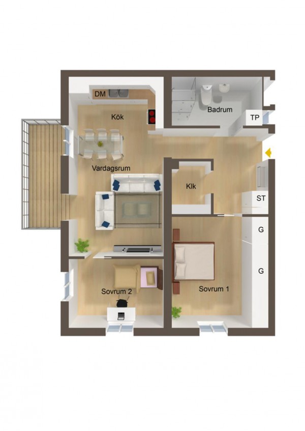 An eat-in kitchen and balcony area are the most notable, if not unique, features of this particular home layout.